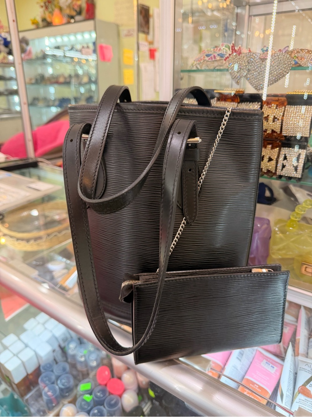 Louis Vuitton Black Textured Shoulder Bag with Detachable Pouch